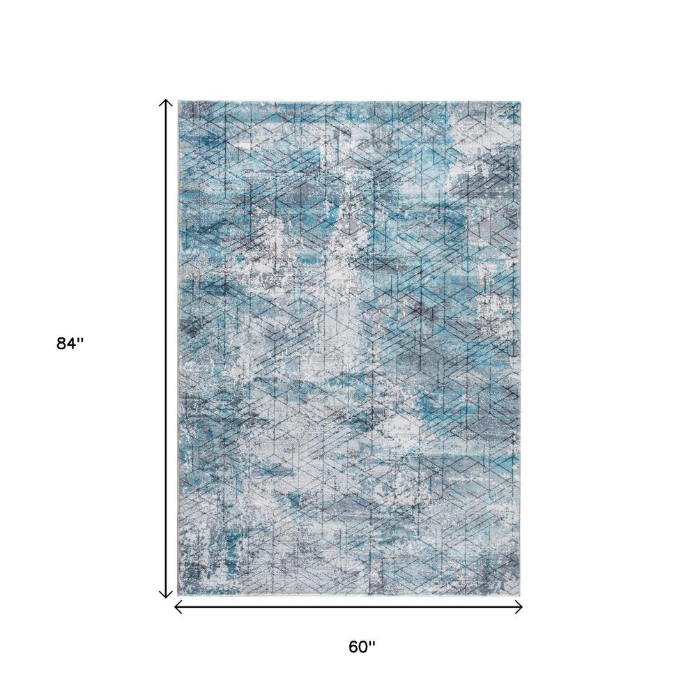 5' X 8' Blue Gray Abstract Cuboid Modern Area Rug