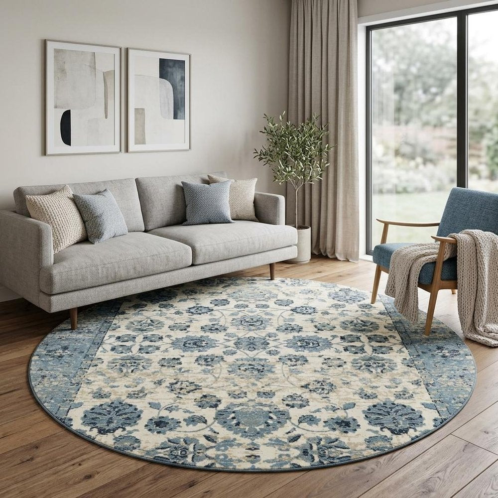 8' Ivory And Sky Blue Oriental Round Rug
