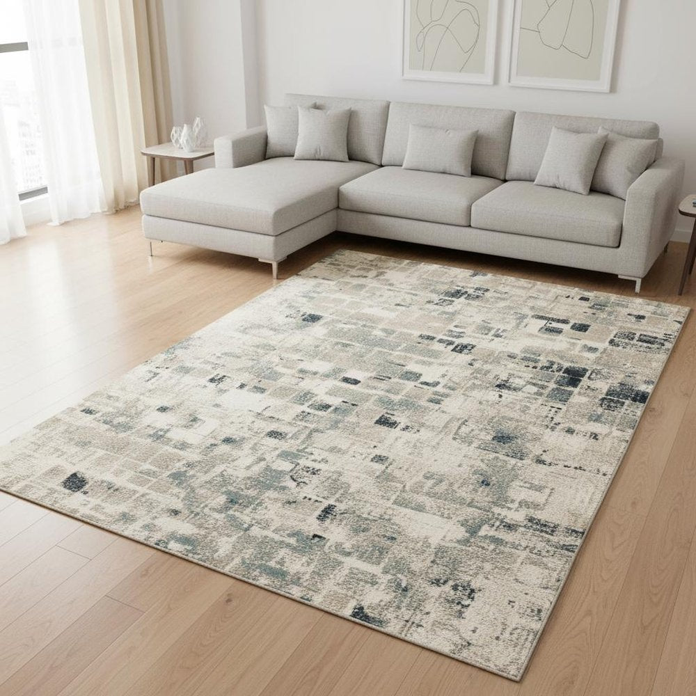 8' X 11' Blue and Beige Abstract Area Rug