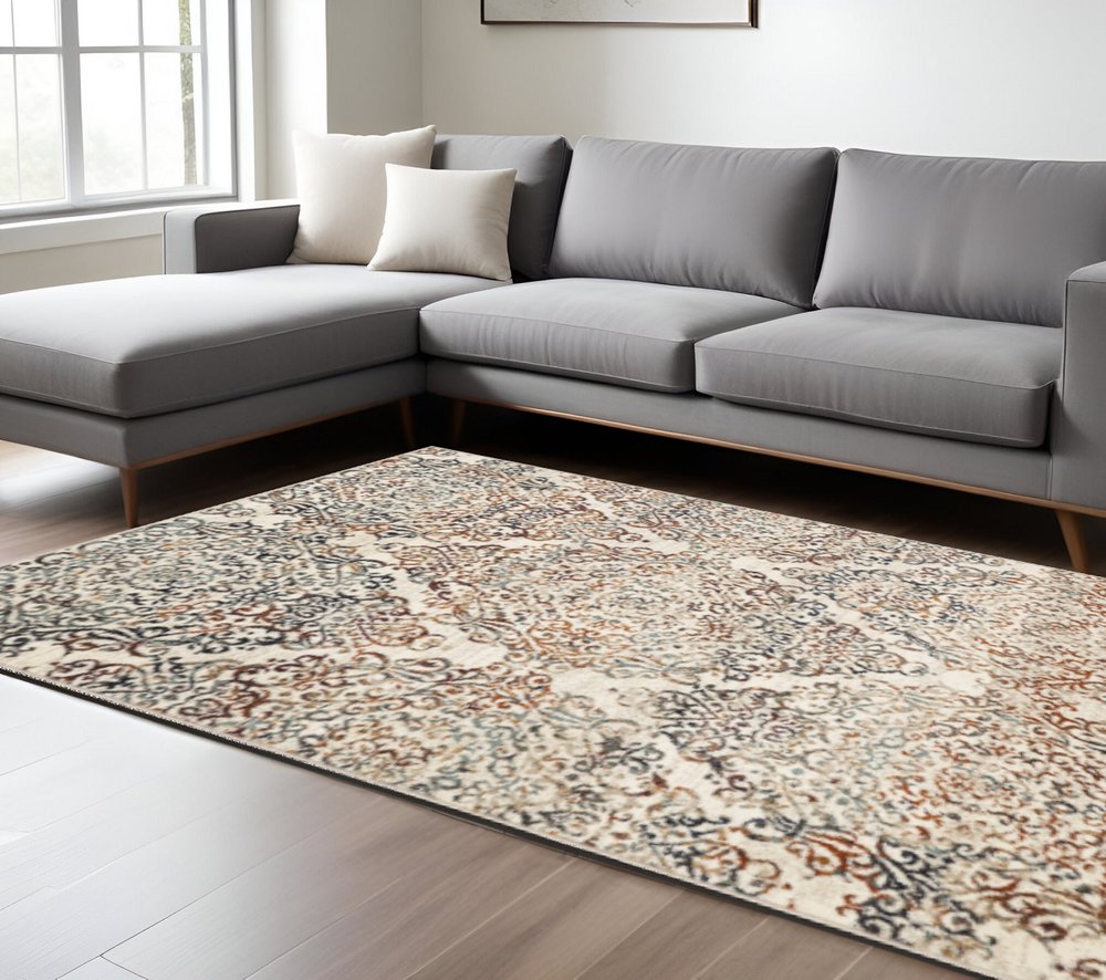 8' X 11' Ivory Rust And Green Oriental Area Rug