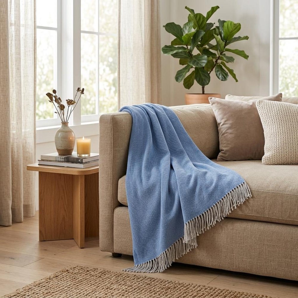 Cobalt Blue Mini Dot Fringed Throw Blanket
