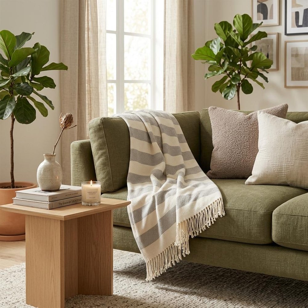Cream and Gray Slanted Stripe Fringed Throw Blanket