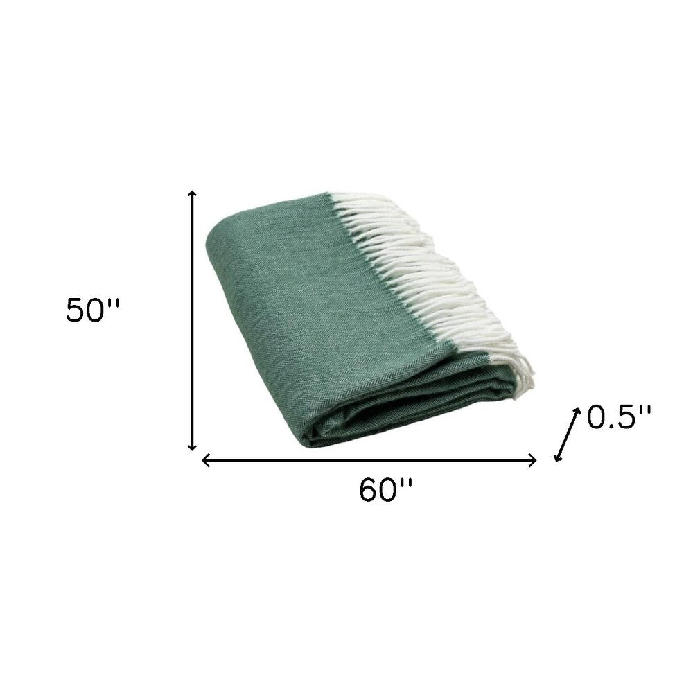 50" X 60" Olive Green And White Woven Herringbone Plush Throw Blanket with Tassels