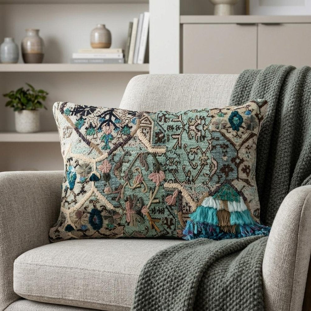 14" X 20" Beige and Green Cotton Throw Pillow With Fringe