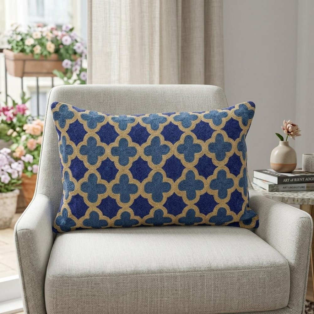 12" X 20" Blue Cotton Throw Pillow