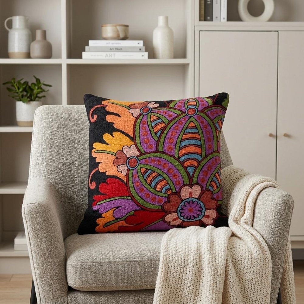 20" Black and Orange Cotton Throw Pillow With Embroidery