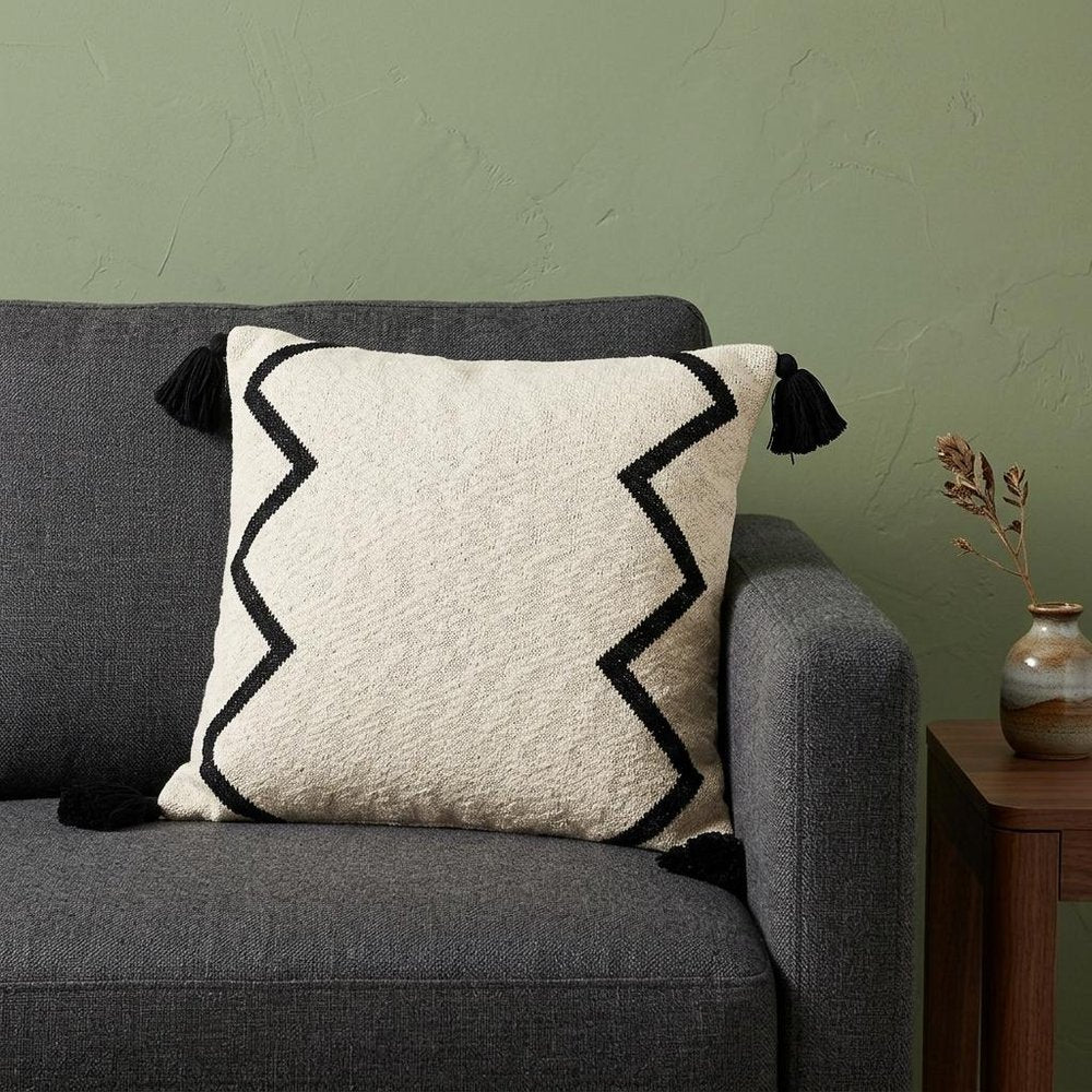 20" x 20" Black and Cream Zigzag Pattern Square Accent Throw Pillow with Tassel