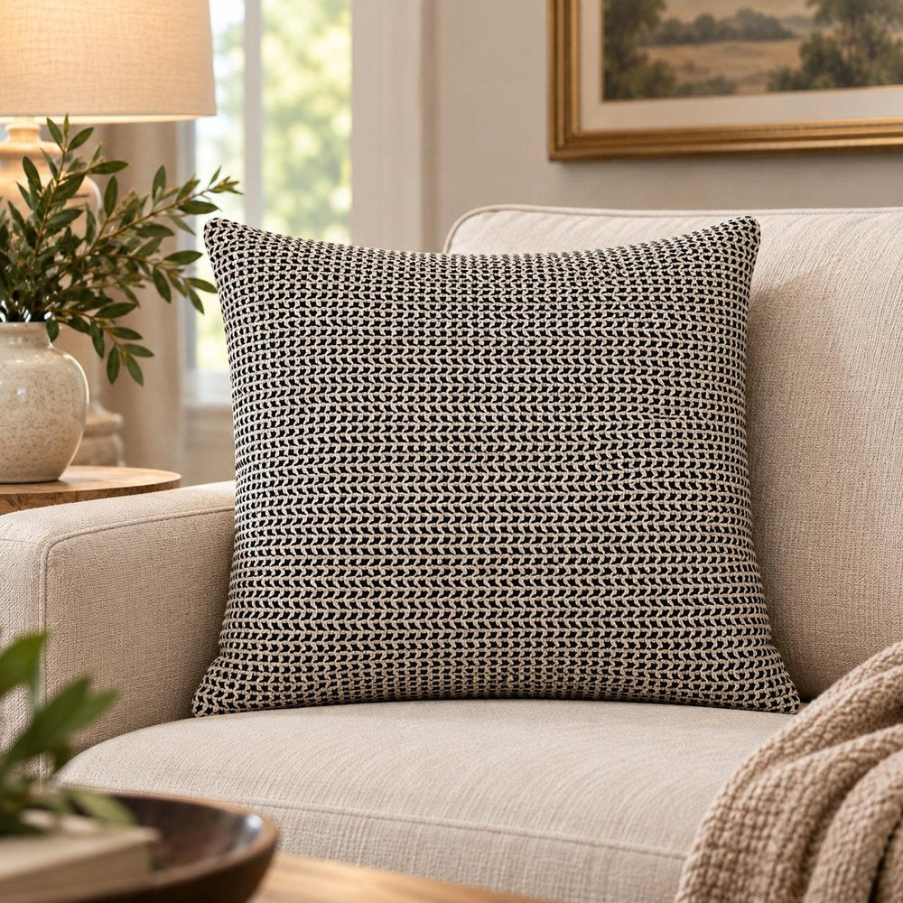 20" Beige And Black Chevron Cotton Throw Pillow