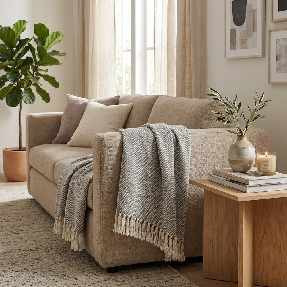 Handloomed Dark Gray Cotton Throw Blanket with Tassels