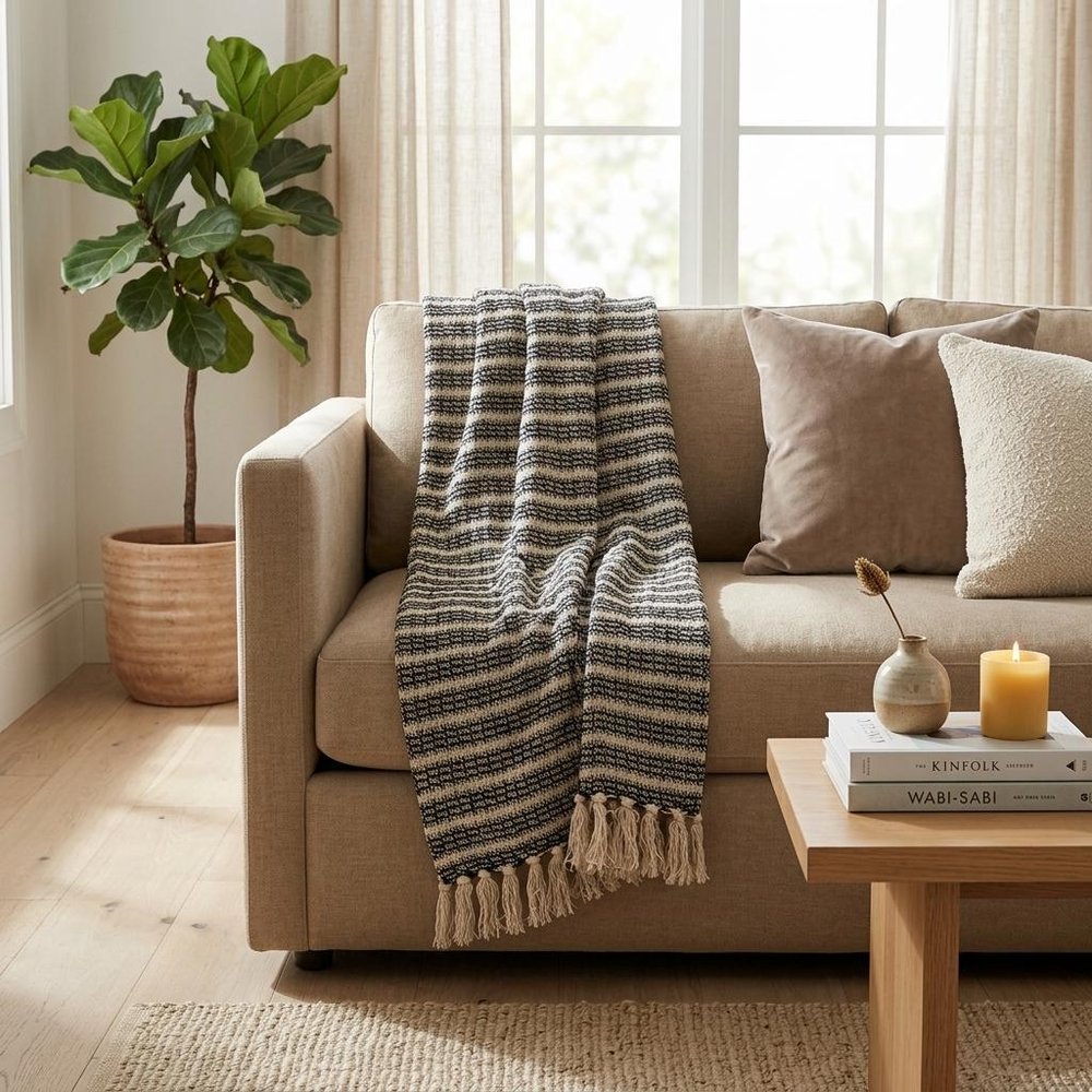 Black and Beige Striped Woven Handloom Throw Blanket