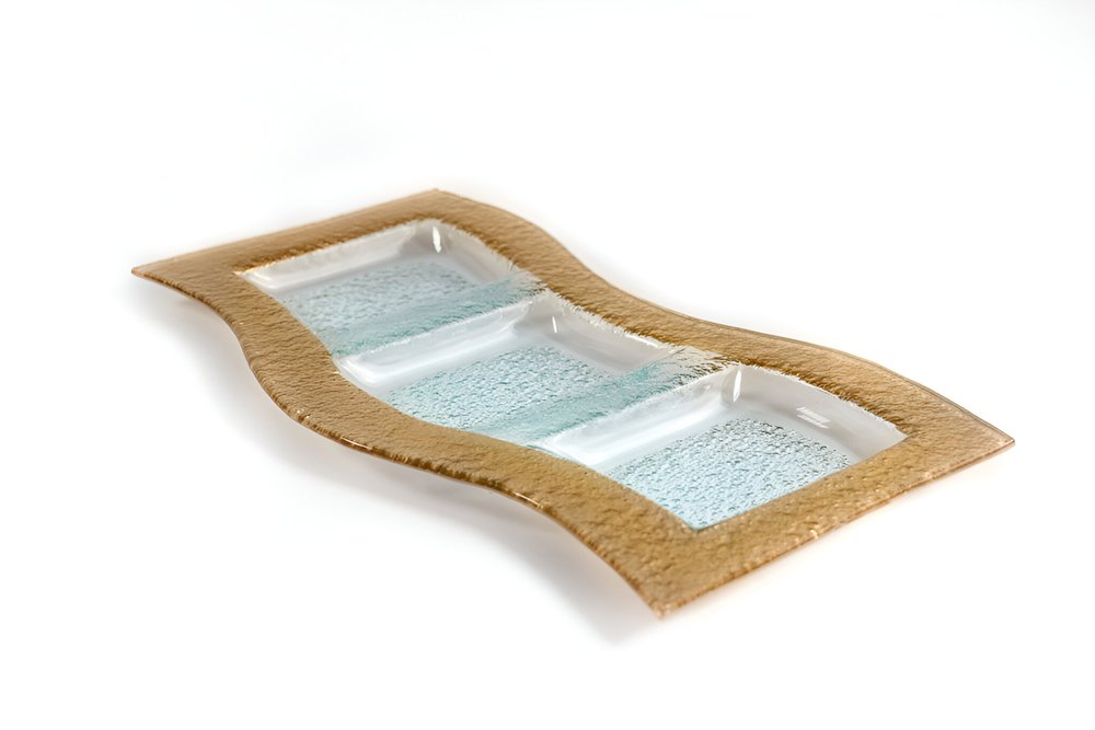 17" Clear And Gold Rectangular Glass Handmade Divided Serving Dish