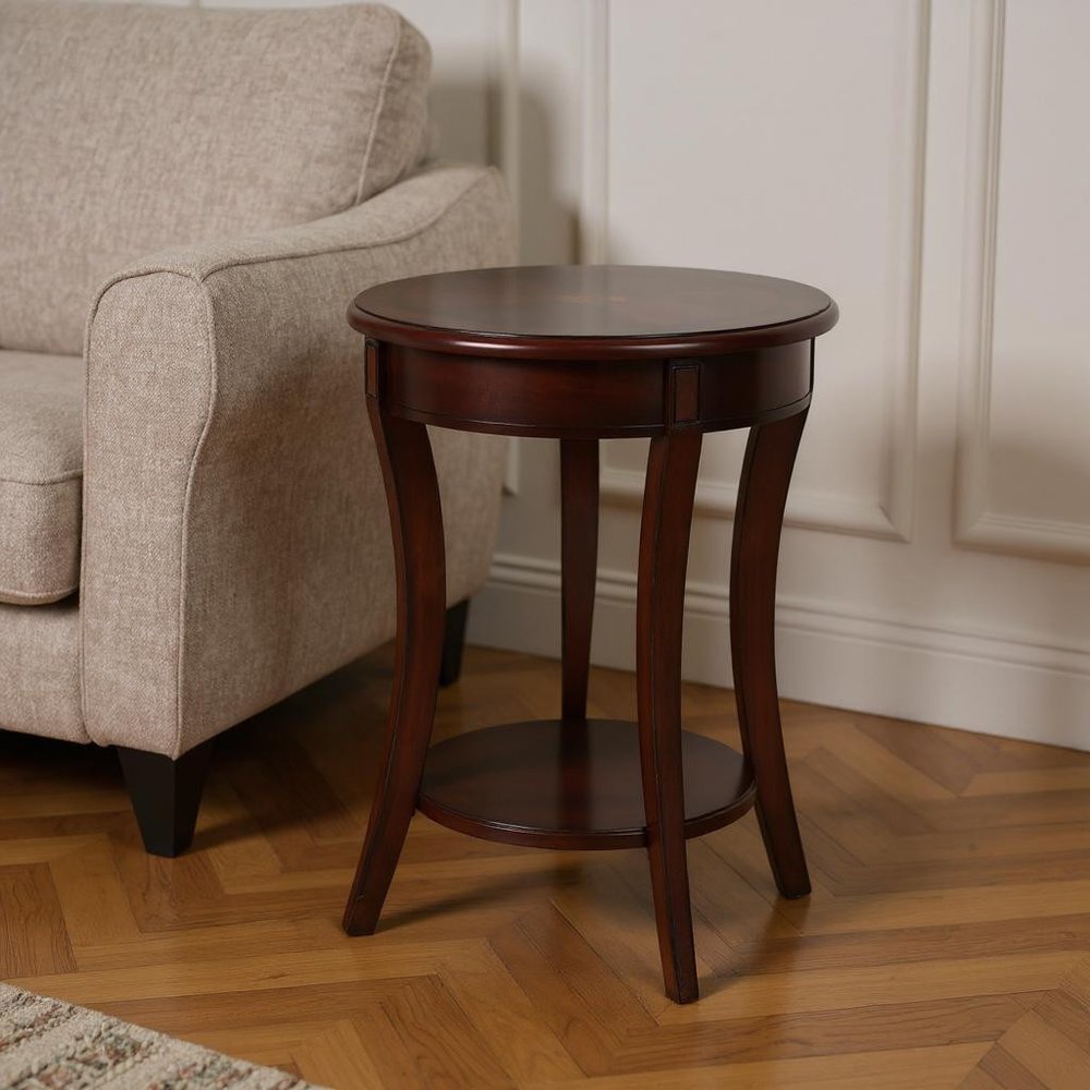 26" Dark Brown Wood And Wood Round End Table With Shelf