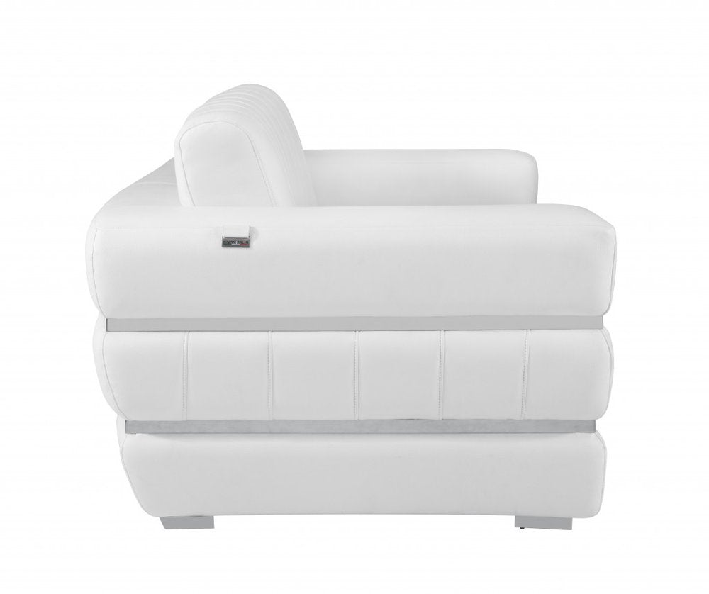 89" White Italian Leather Sofa With Silver Legs