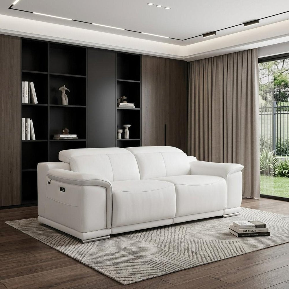 86" White Italian Leather USB Reclining Sofa With Silver Legs