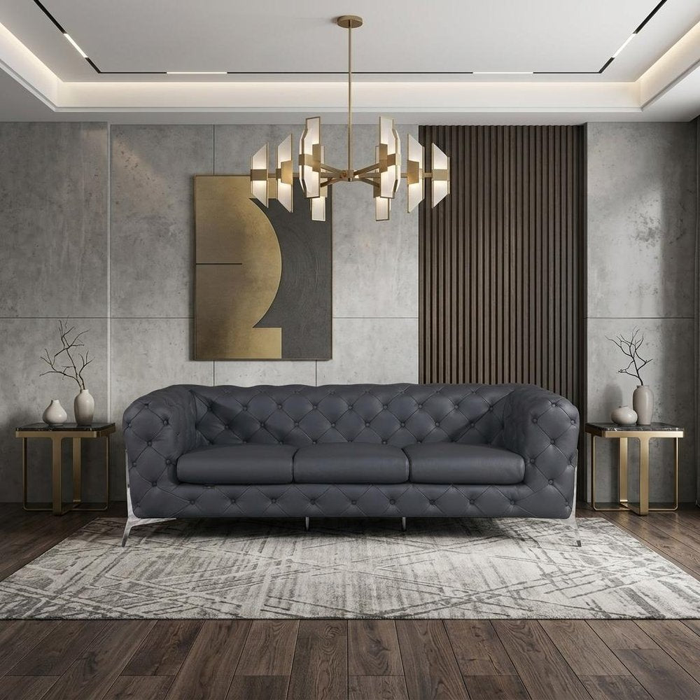 93" Dark Gray Italian Leather Chesterfield Sofa With Silver Legs