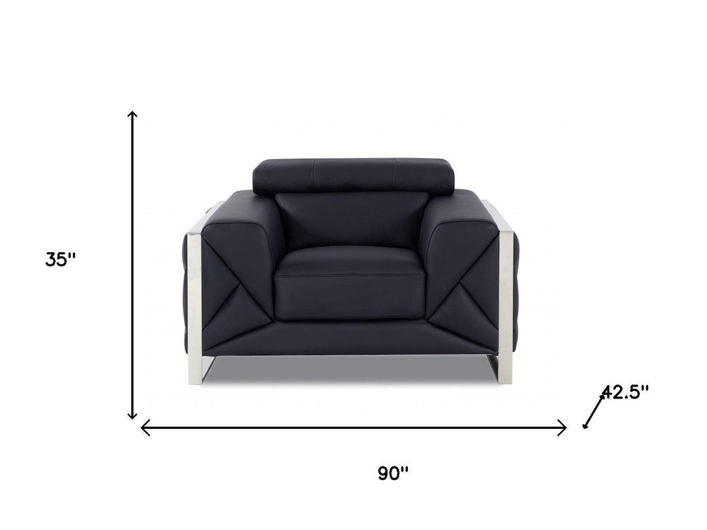 Three Piece Indoor Black Italian Leather Six Person Seating Set