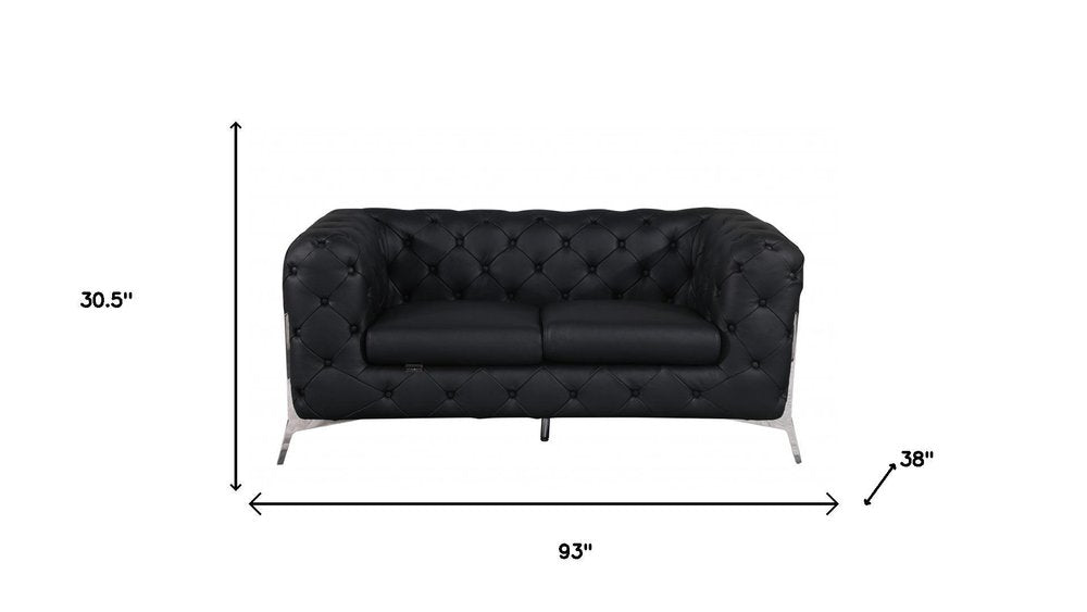 Two Piece Indoor Black Italian Leather Five Person Seating Set