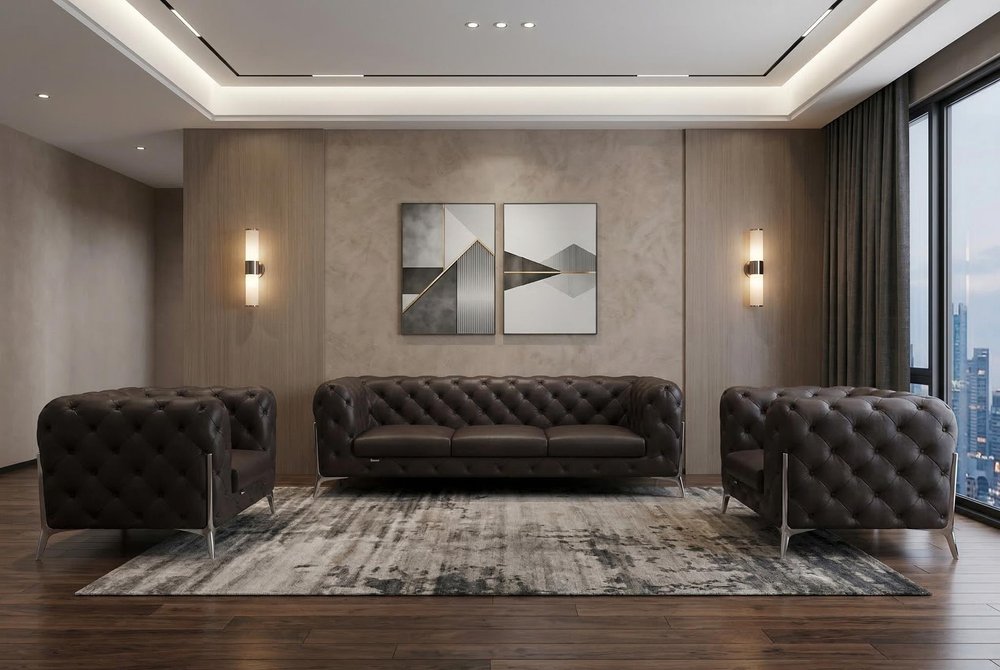 Three Piece Indoor Black Italian Leather Five Person Seating Set