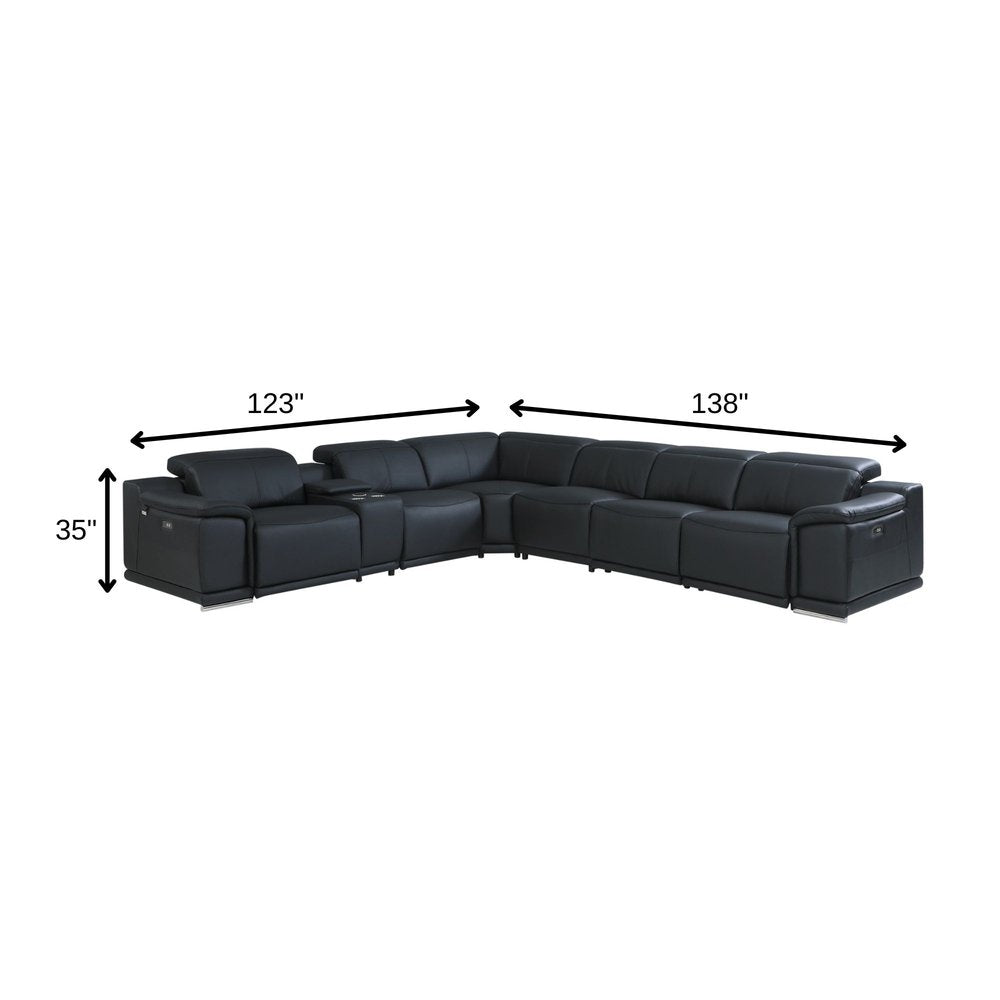 Black Italian Leather Power Reclining U Shaped Seven Piece Corner Sectional With Console