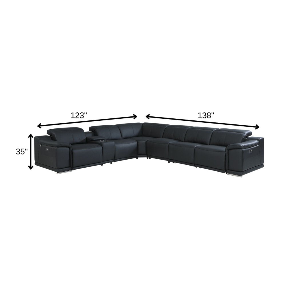 Black Italian Leather Power Reclining U Shaped Seven Piece Corner Sectional With Console