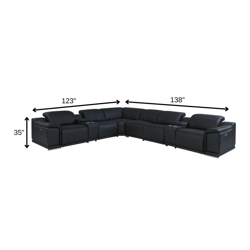 Black Italian Leather Power Reclining U Shaped Eight Piece Corner Sectional With Console