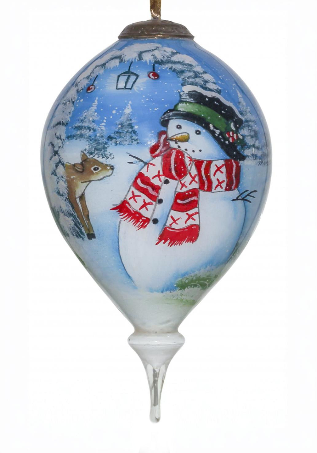 Adorable Snowman and Deer Hand Painted Mouth Blown Glass Ornament