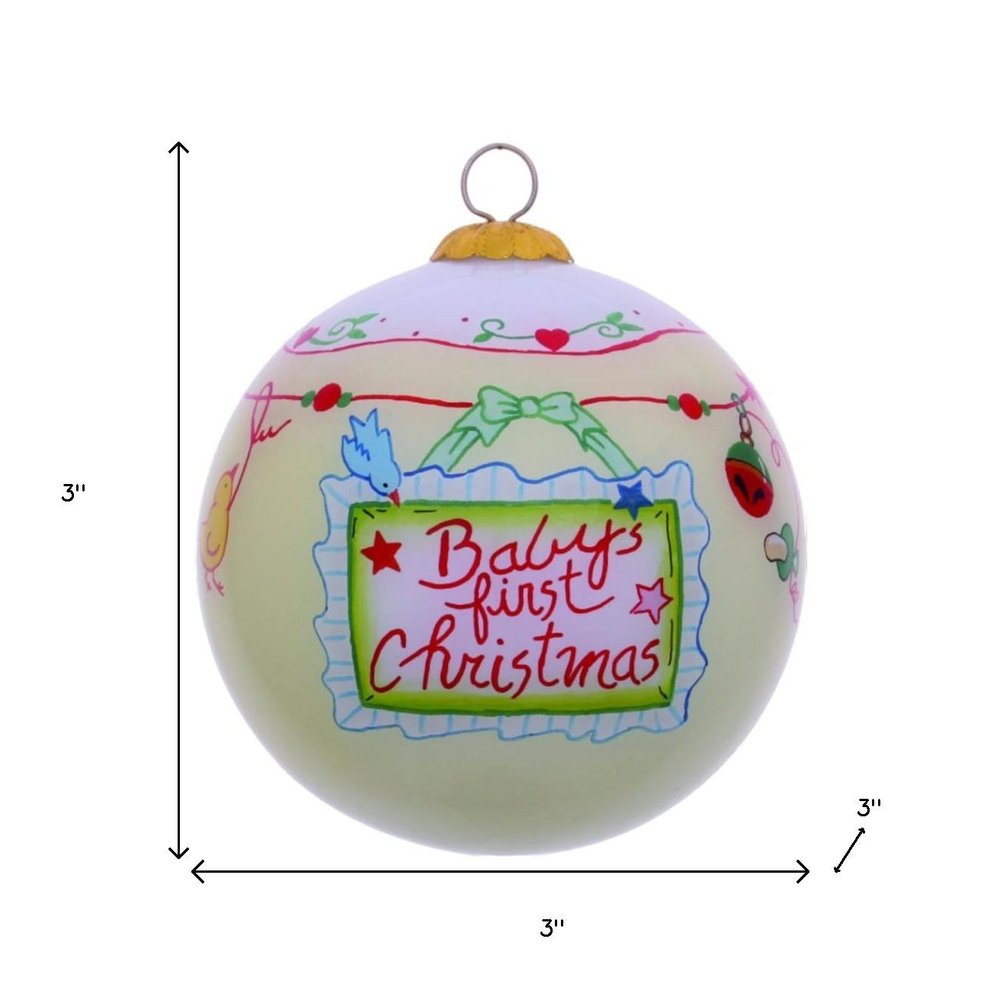 Baby's First Christmas with Motifs Hand Painted Mouth Blown Glass Ornament