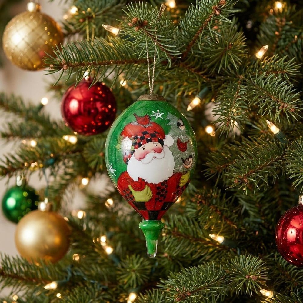 Plaid Santa with Cardinals Hand Painted Mouth Blown Glass Ornament