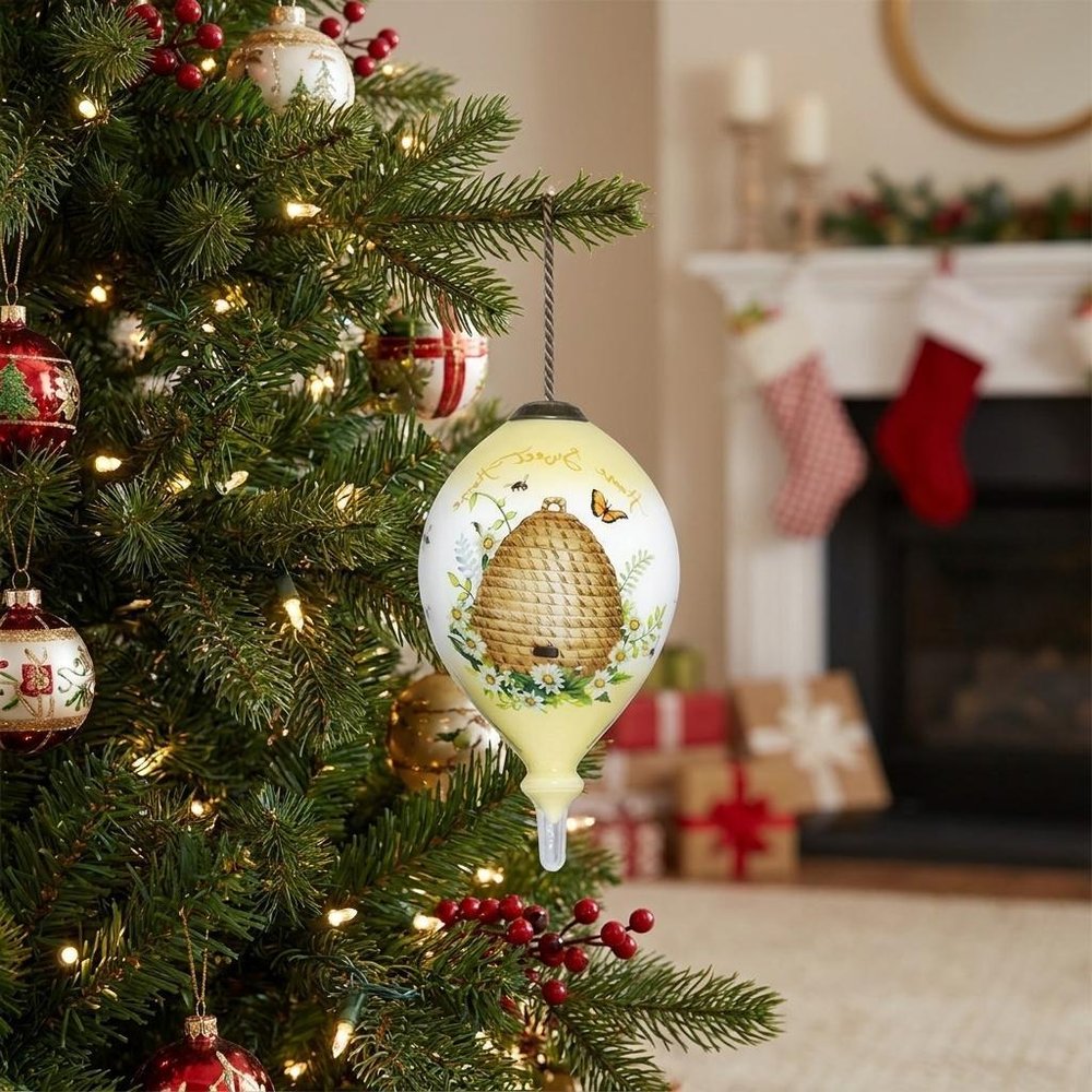 Beehive Home Sweet Home Hand Painted Mouth Blown Glass Ornament
