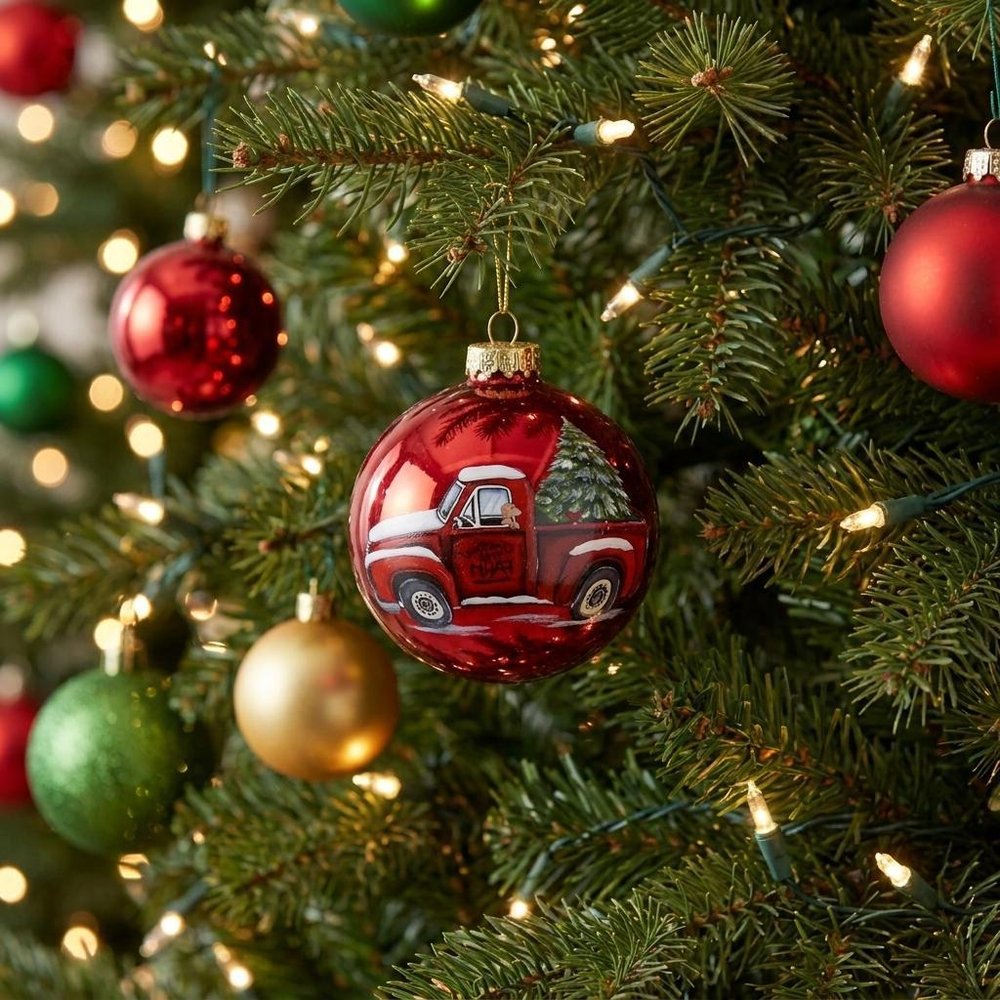 Red Farm Truck with Tree Hand Painted Mouth Blown Glass Ornament