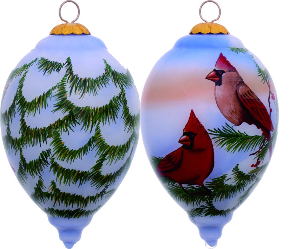 Perched Winter Cardinal Hand Painted Mouth Blown Glass Ornament