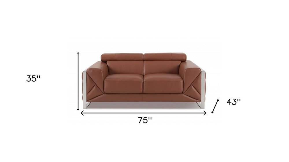 75" Camel And Silver Italian Leather Loveseat