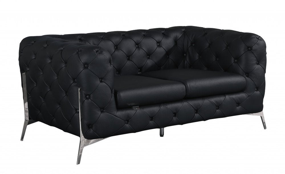 69" Black And Silver Italian Leather Loveseat