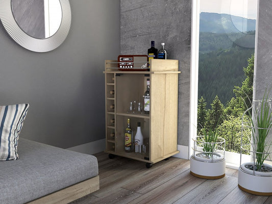 22" Brown Wood Rolling Bar Cart With Wine Storage