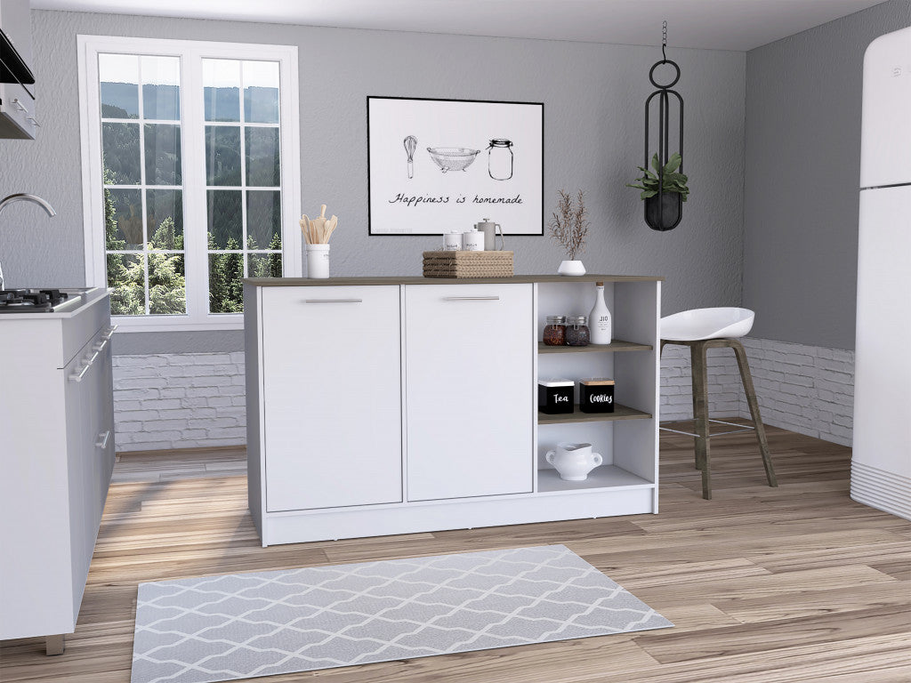White and Brown 59" Kitchen Island With Storage