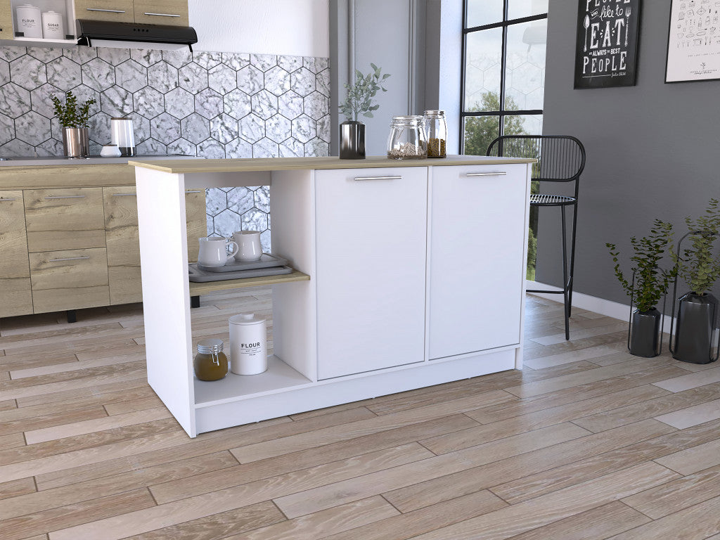White and Brown 59" Kitchen Island With Storage