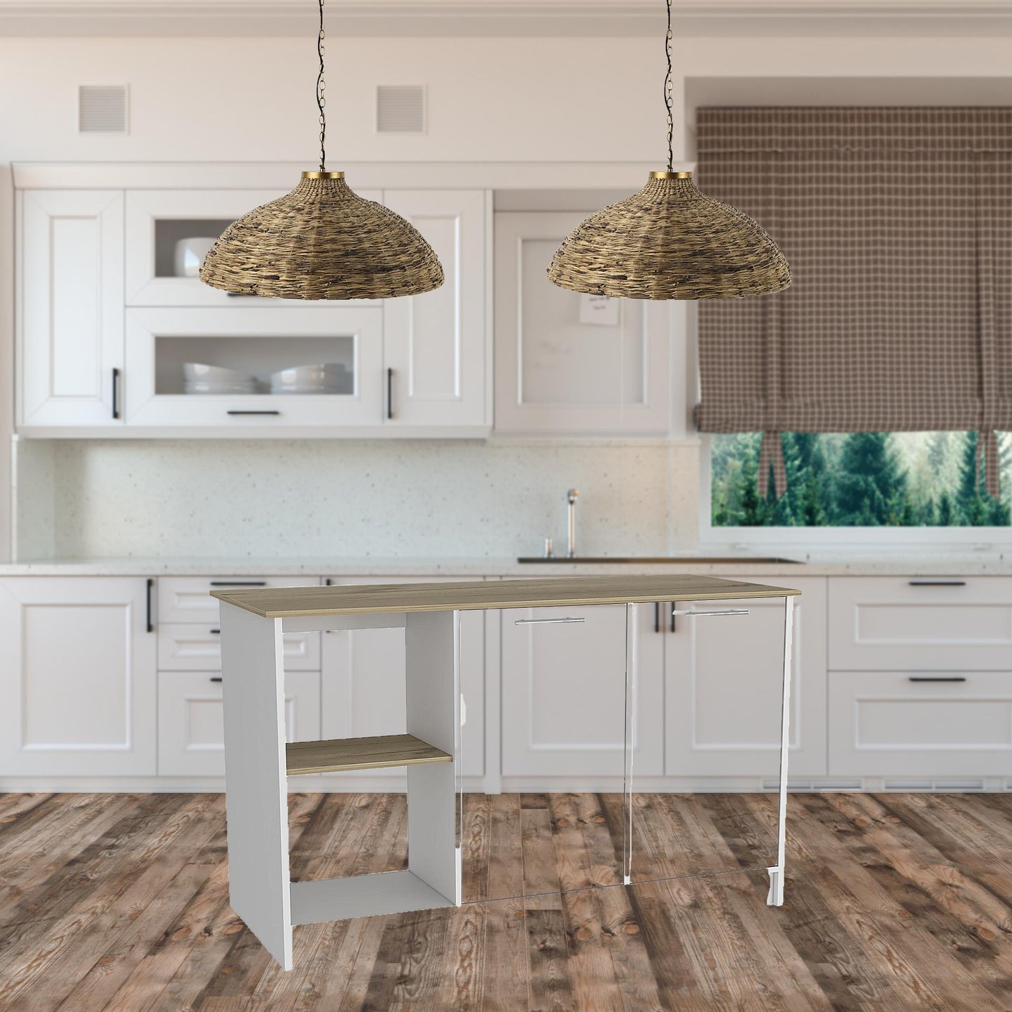 White and Brown 59" Kitchen Island With Storage
