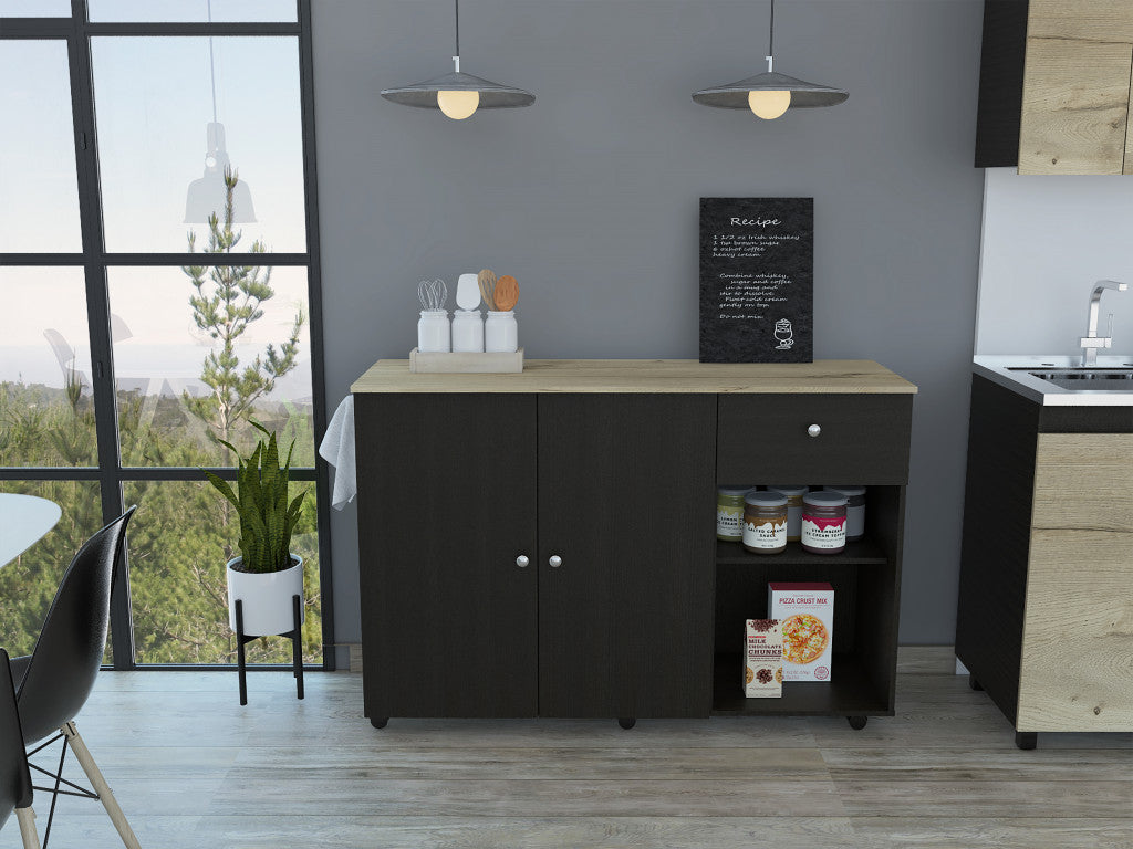 Black and Natural 54" Rolling Kitchen Island With Storage