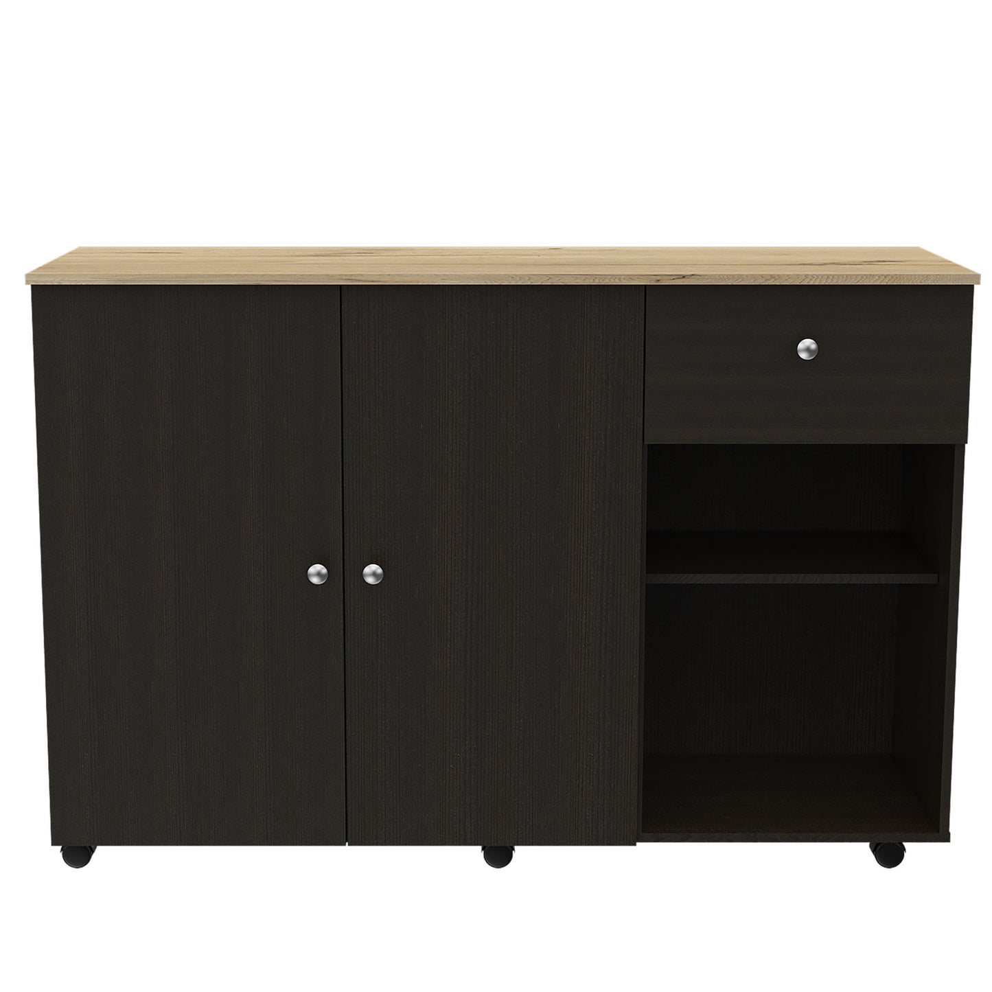 Black and Natural 54" Rolling Kitchen Island With Storage
