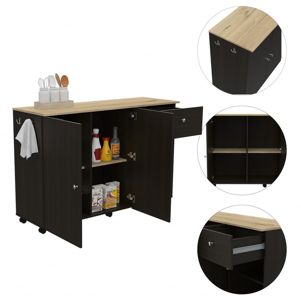 Black and Natural 54" Rolling Kitchen Island With Storage
