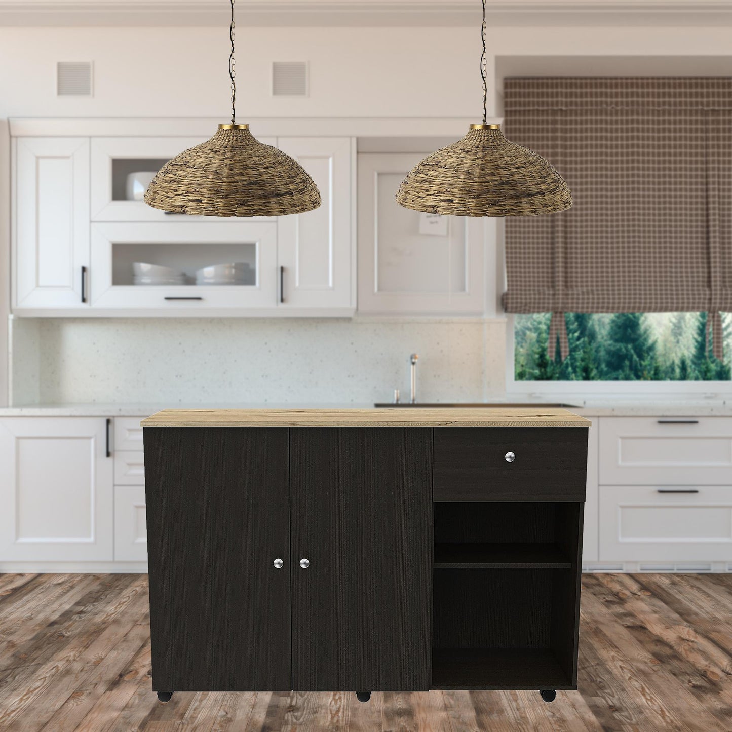 Black and Natural 54" Rolling Kitchen Island With Storage