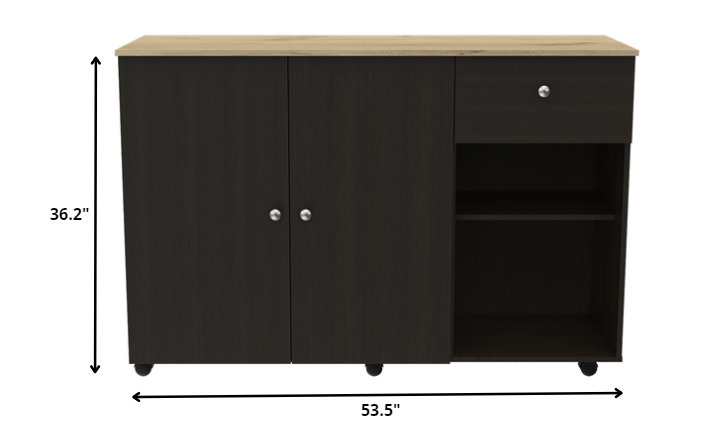 Black and Natural 54" Rolling Kitchen Island With Storage