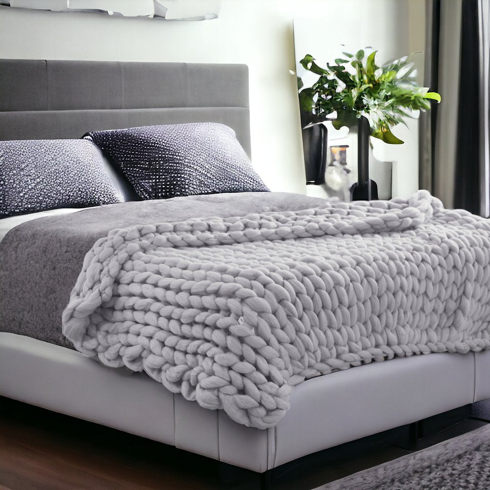 50" X 60" Light Gray Boho Chunky Knit Throw Blanket