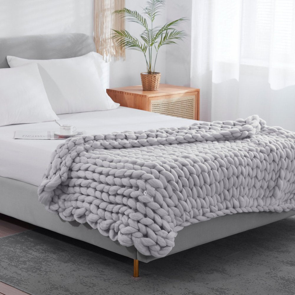 50" X 60" Light Gray Boho Chunky Knit Throw Blanket