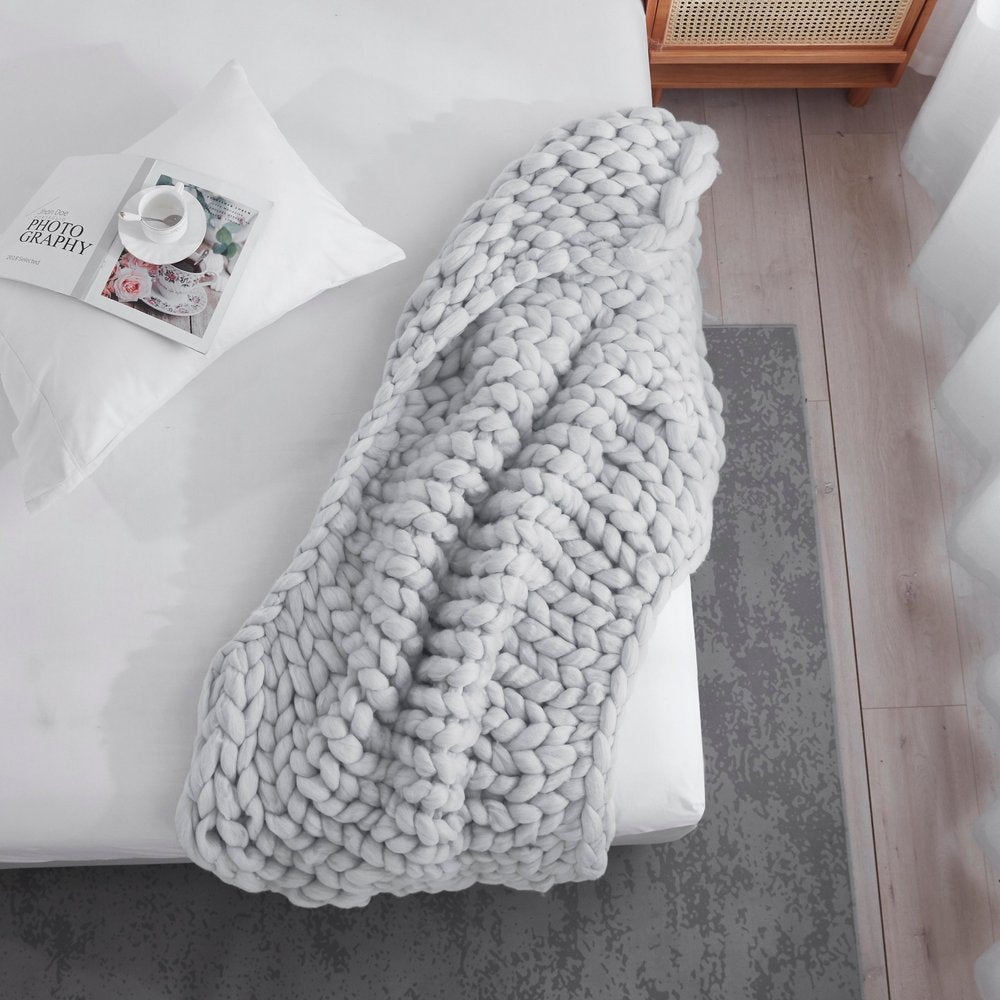 50" X 60" Light Gray Boho Chunky Knit Throw Blanket