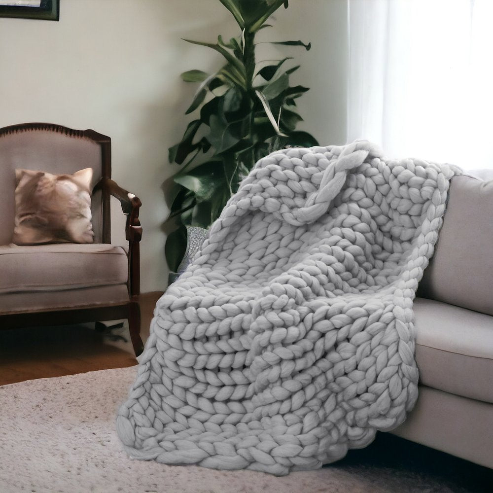 50" X 60" Light Gray Boho Chunky Knit Throw Blanket
