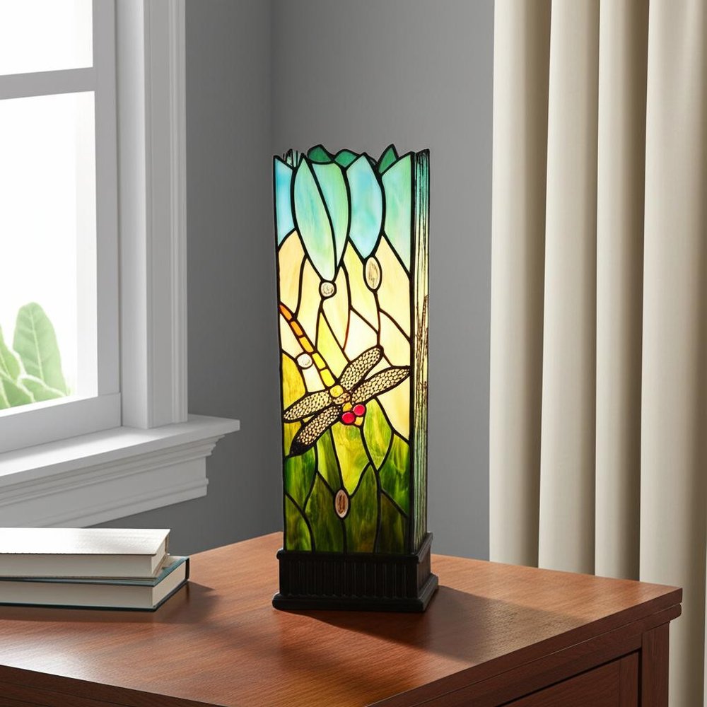 18" Dark Brown Table Lamp With Green and Black Shade