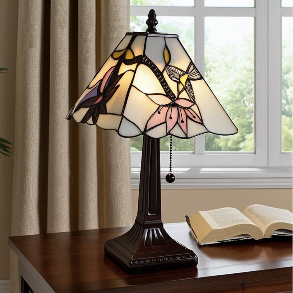 15" Dark Brown Candlestick Table Lamp With Ivory and Red Birds Novelty Shade