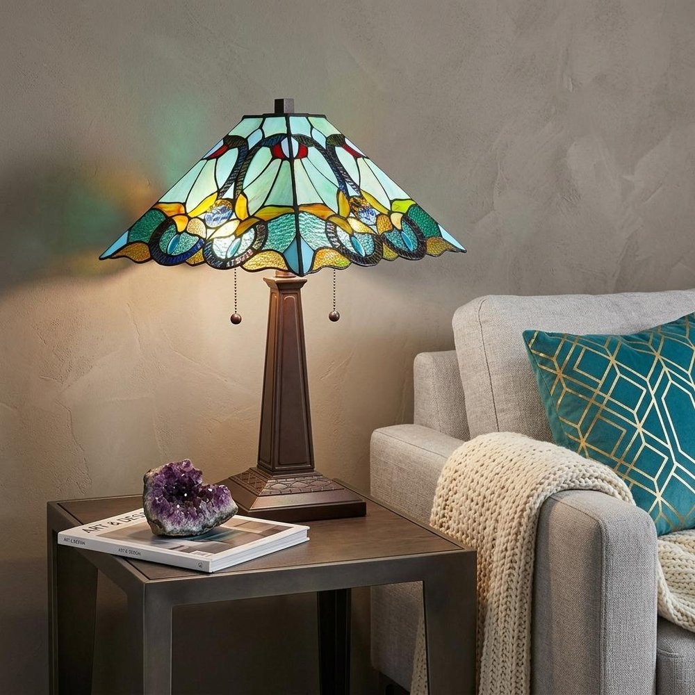 23" Dark Brown Metal Two Light Table Lamp With Blue and Green Cone Shade