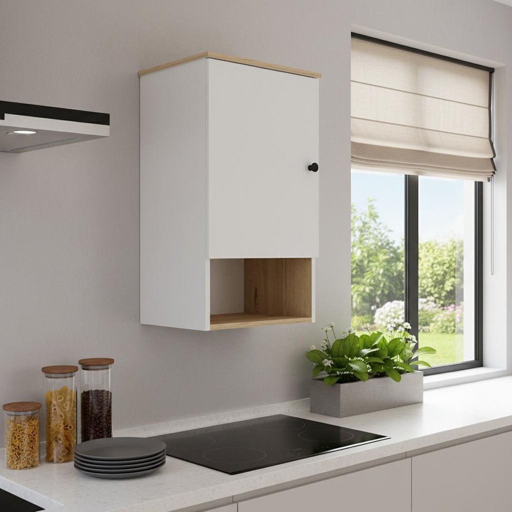 16" Light Oak And White Wall Mounted Cabinet With Three Shelves